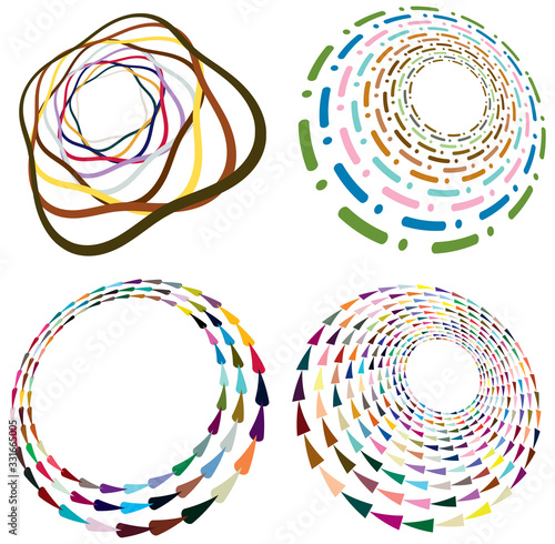 Set of mottled, multi color and colorful spiral, swirl, twirl shapes. Vortex, whorl shape with rotation, spin, coiling distortion effect