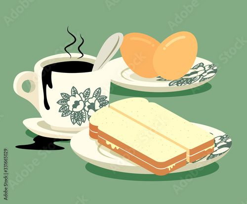 Breakfast set. Traditional oriental style coffee, half boiled eggs and kaya butter toast set .Vintage Nanyang style coffee cup and plate. Translation: Coconut jam- flat art vector