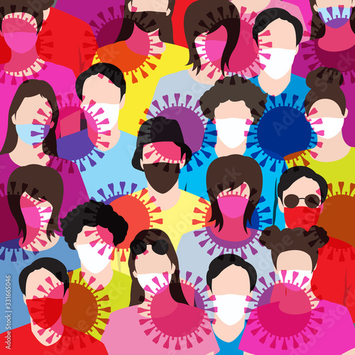 people wearing protection medical masks with Coronavirus or Covid-19 icon  vector illustration