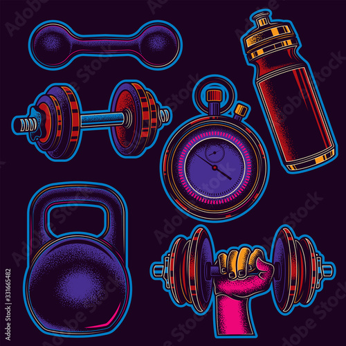 Original vector sports set in neon style. Healthy lifestyle.