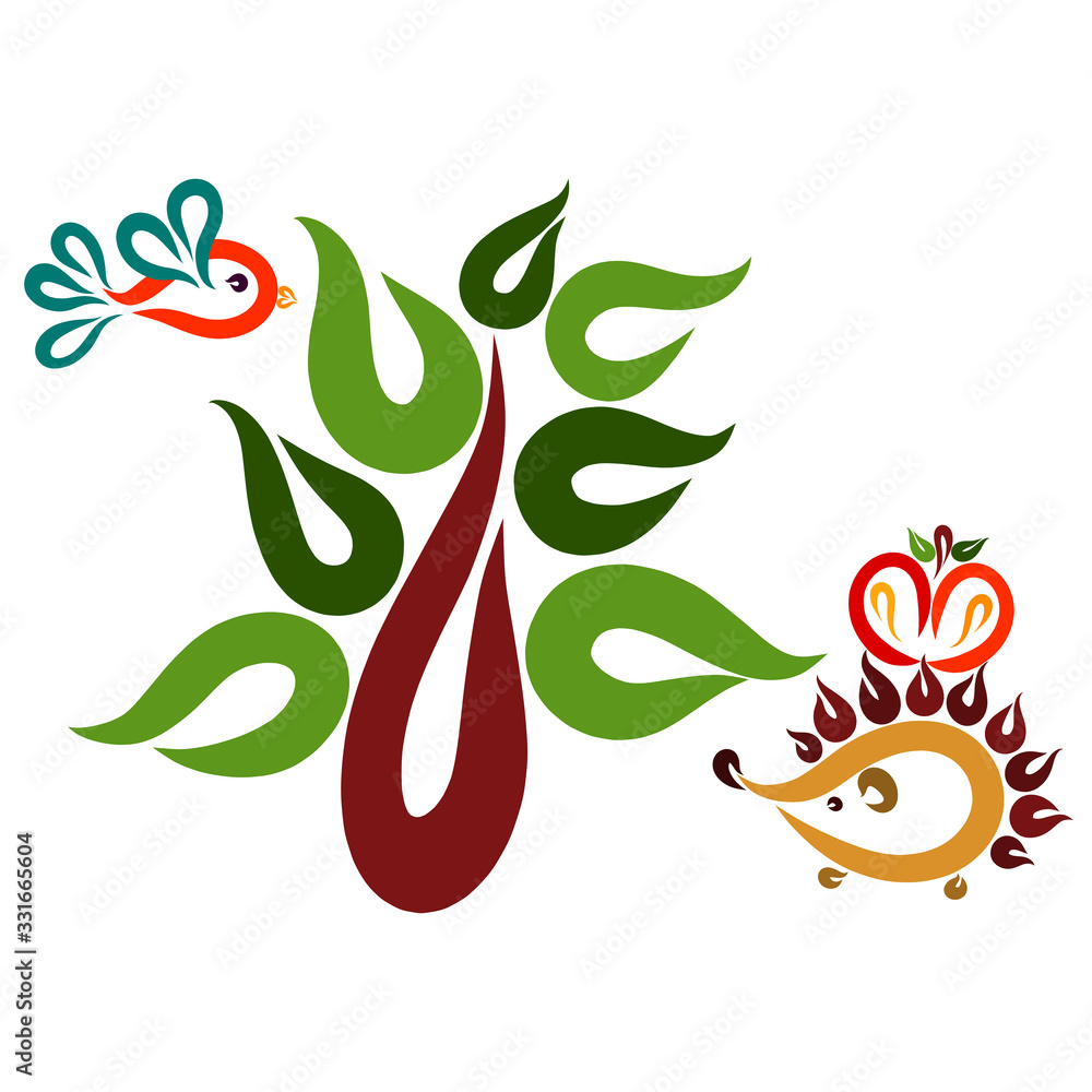 Naklejka premium creative tree, flying bird and hedgehog with apple