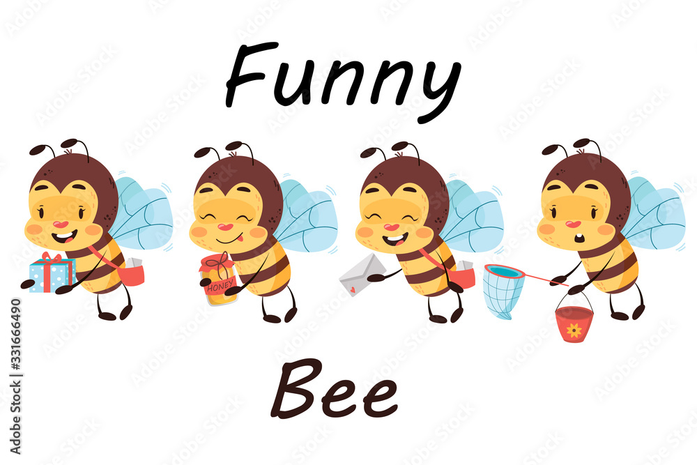 set of four delivery bees on white isolated background. Cute postman bee holding present, letters, honey and net with bucket. Children character illustration. set of four delivery bees on white isolated background. Cute postman bee holding present, letters, honey and net with bucket. Children character illustration.