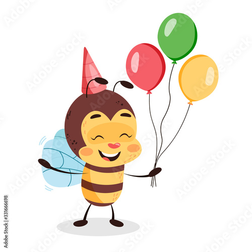 Birthday bee with balloons on white isolated background. Vector happy bee celebrating bithday children character design illustration.