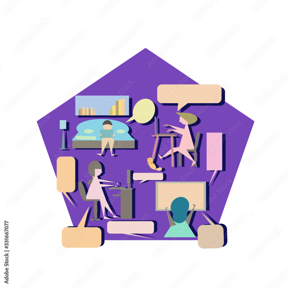 Fototapeta premium social distancing for students on study at home with internet ,technology in today for learning on social media for work and homework send to teacher,flat design on paper cut style