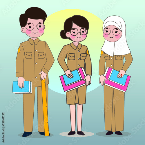 Smile teacher Character standing with books and ruler