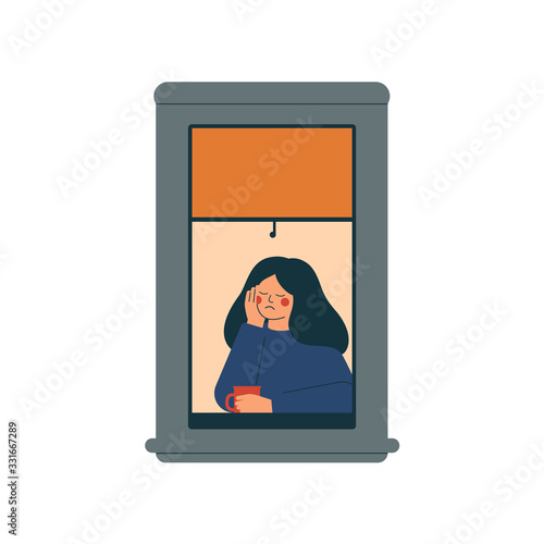 Sad lonely woman sits at home in a quarantined environment. Depressed girl sits near open window and drinks coffee. Vector illustration