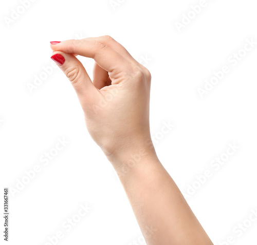 Hand with red manicure isolated on white background
