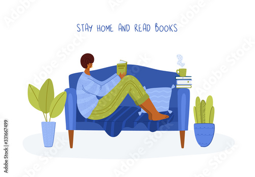 girl reading book in cozy home room on sofa, student read and study, literature fans or lovers concept, modern flat cartoon textured people character isolated on white - vector illustration
