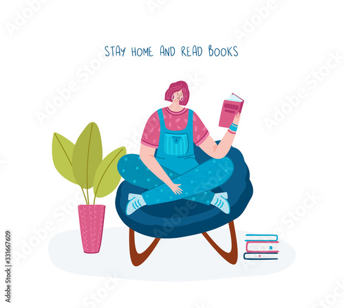 girl reading book and resting in home room in armchair, student read and study, literature fan or lover concept, modern flat cartoon textured people character isolated on white - vector illustration