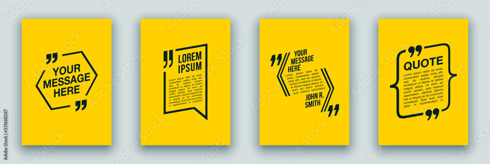 Plakat Quote speech bubble blank templates set. Text in brackets on flat paper, citation frames, quote bubbles. Textbox isolated on color background. Modern typography flat design cloud. Vector illustration.
