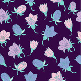 floral seamless pattern of blue and lilac bells on a white dark background for decorating stencils and postcards