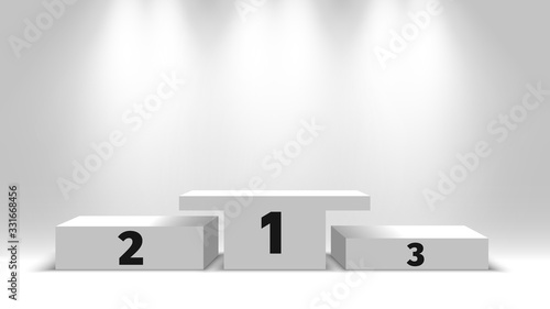 Winners podium with spotlights. White blank pedestal. Vector illustration.