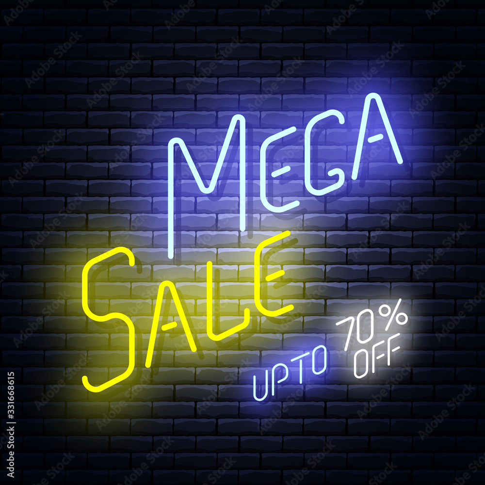 Mega sale neon glowing banner on brick wall, up to 70% off. Vector illustration. Mega sale neon glowing banner on brick wall, up to 70% off. Vector illustration.