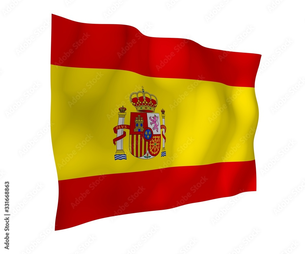 The flag of Spain. Official state symbol of the Kingdom of Spain. Concept: web, sports pages, language courses, travelling, design elements. 3d illustration The flag of Spain. Official state symbol of the Kingdom of Spain. Concept: web, sports pages, language courses, travelling, design elements. 3d illustration