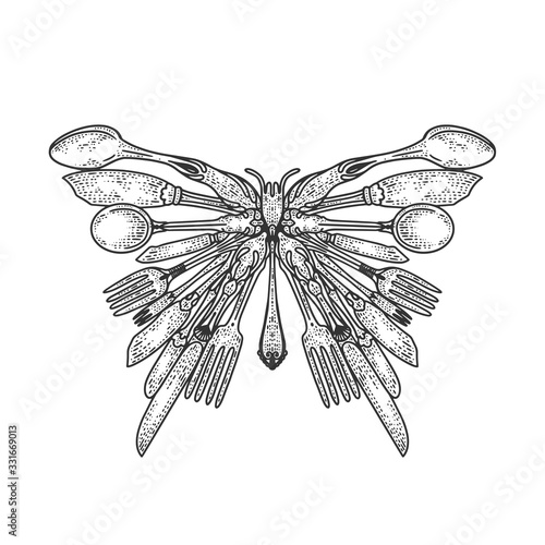 butterfly silhouette made of cutlery sketch engraving vector illustration. T-shirt apparel print design. Scratch board imitation. Black and white hand drawn image.