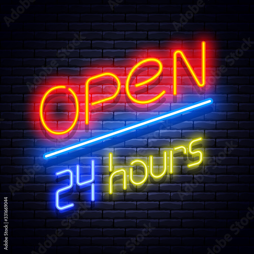 Open 24 hours neon glowing signboard on brick wall. Vector illustration.