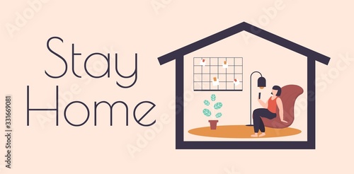 Stay home concept. Working at home freelance character, work from home, self employed, home office, work at home vector illustration.