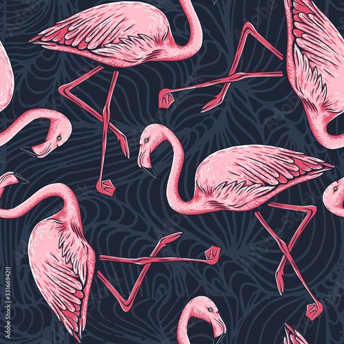 Pink flamingo and palm leaves seamless pattern