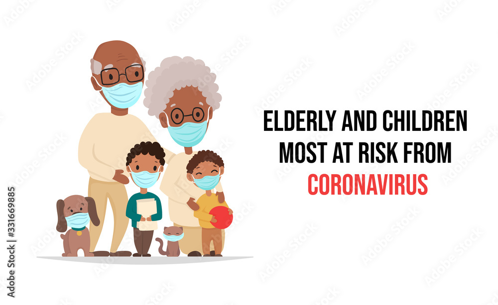 Coronavirus in China and in whole world. Elderly and children are in group risk. African black grandparents and kids wearing a medical blue mask for prevent virus. Vector flat cartoon illustration