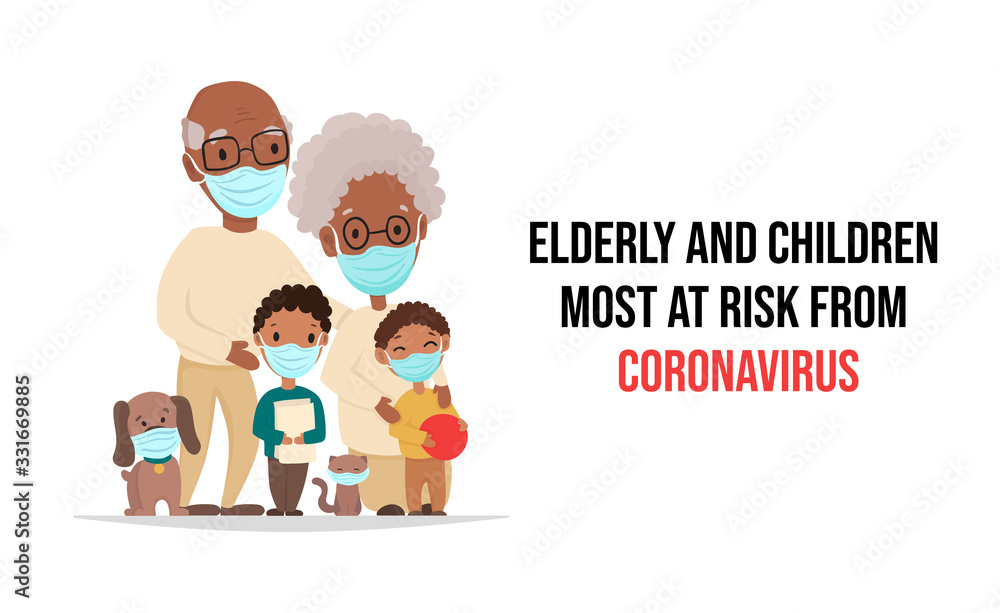 Coronavirus in China and in whole world. Elderly and children are in group risk. African black grandparents and kids wearing a medical blue mask for prevent virus. Vector flat cartoon illustration Coronavirus in China and in whole world. Elderly and children are in group risk. African black grandparents and kids wearing a medical blue mask for prevent virus. Vector flat cartoon illustration