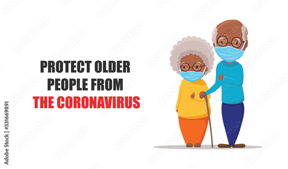Coronavirus in China and in whole world. Older people and children are in group risk. African black grandparents wearing a medical blue mask for prevent coronavirus. Vector flat cartoon illustration