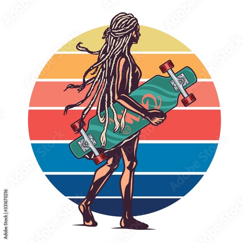 Girl with a longboard on a colored background