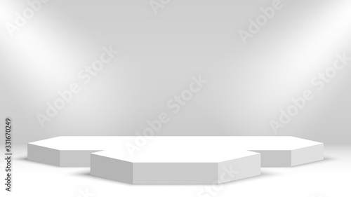 White podium. Stage for awards ceremony. Pedestal. Vector illustration.