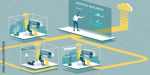 Technical Illustration explaining how cloud computing enhancing our ability to learn and work anywhere. Isometric layout explaining the principle of distance education in the home through the cloud.