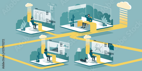 Technical vector Illustration explaining how cloud computing enhancing our ability to learn and work anywhere. Isometric layout explaining the principle of teleworking at home through the cloud.