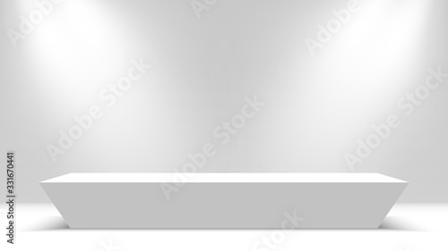 Podium with spotlights. Pedestal on white room. Vector illustration.