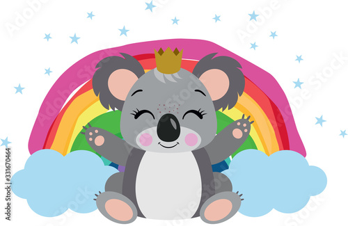 Cute king koala with rainbow and clouds