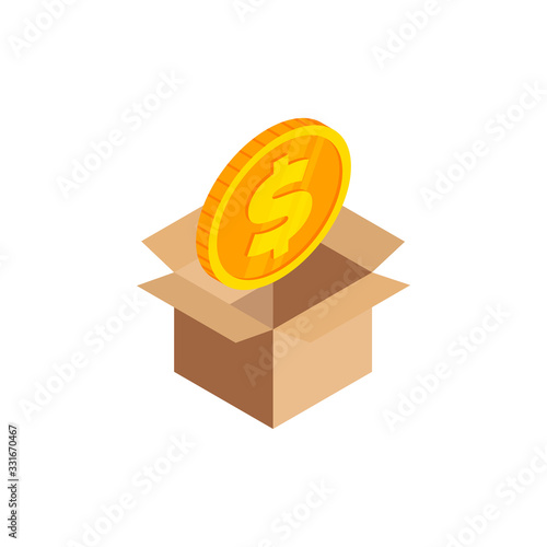 Isometric gold coin with dollar symbol, 3d money icon in open cardboard box isolated. Donate money, charity, save money concept. Vector Illustration design, infographic, web, app, ad
