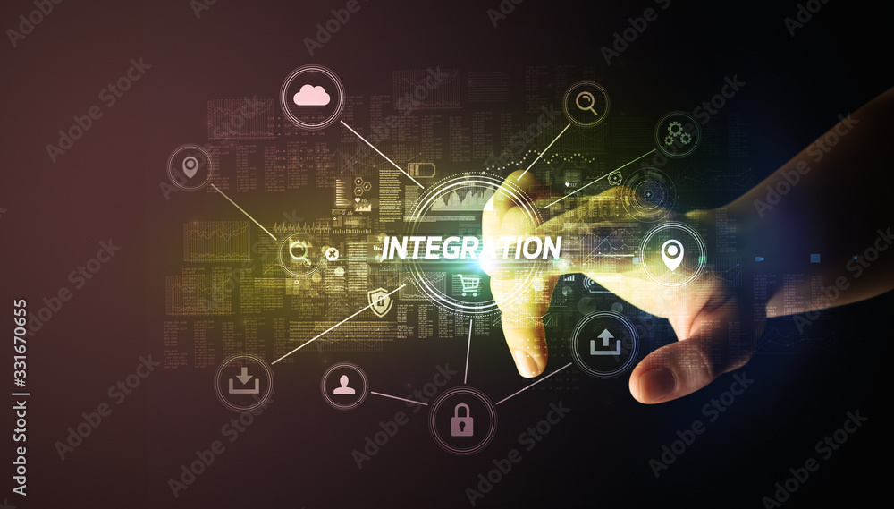 Hand touching INTEGRATION inscription, Cybersecurity concept Hand touching INTEGRATION inscription, Cybersecurity concept
