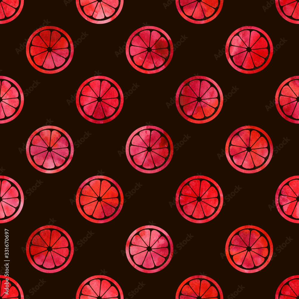 Watercolor sliced ​​grapefruits on black  background. Seamless pattern. Watercolor illustration.