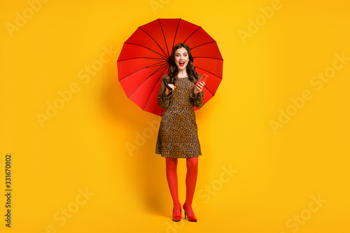 Full length body size view of her she nice attractive amazed cheerful cheery wavy-haired girl using umbrella cell fast speed connection isolated on bright vivid shine vibrant yellow color background © deagreez