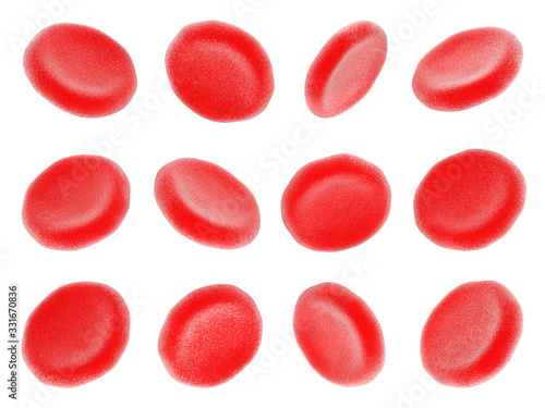 Blood cells isolated on a white background. Red blood cells from various angles. 3D illustration. photo