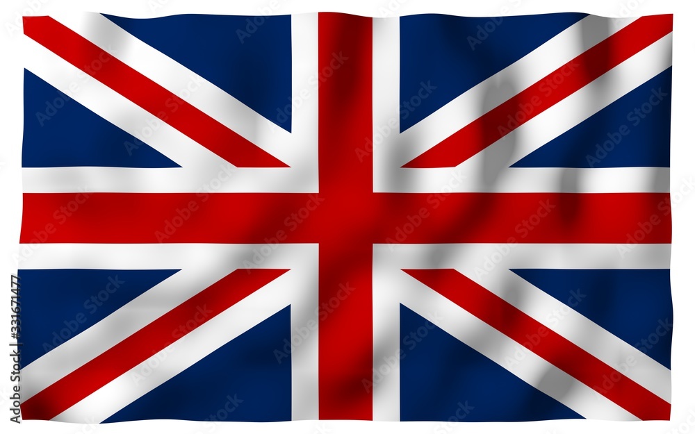 Waving flag of the Great Britain. British flag. United Kingdom of Great Britain and Northern Ireland. State symbol of the UK. 3D illustration Waving flag of the Great Britain. British flag. United Kingdom of Great Britain and Northern Ireland. State symbol of the UK. 3D illustration
