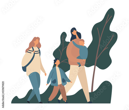 Modern family walking in park. Flat vector illustration