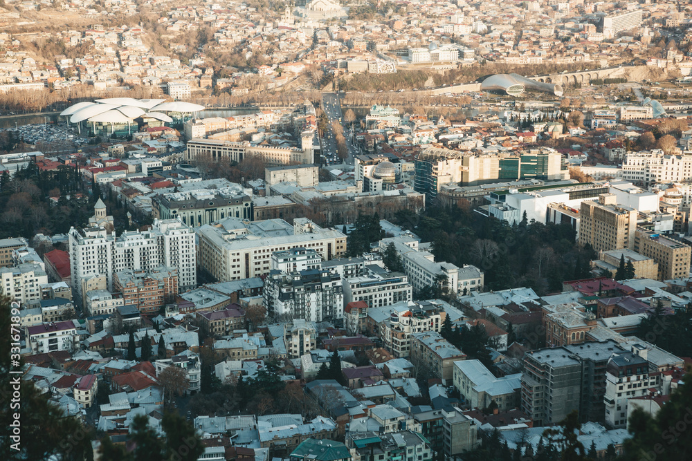 Aerial view of residential buildings and other Tbilisi architecture in Georgia.