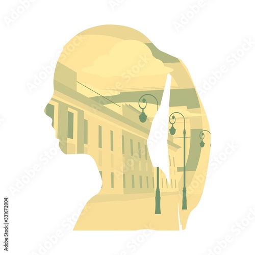 View of an old building. Double exposure portrait of young woman and city street with electric lamps
