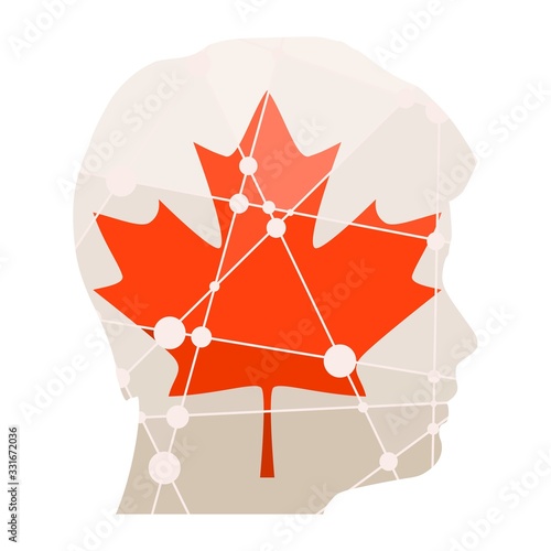 Double exposure portrait of young man. Flag of the Canada. Low poly concept triangular style. Molecule and communication background. Connected lines with dots. Gradient painting