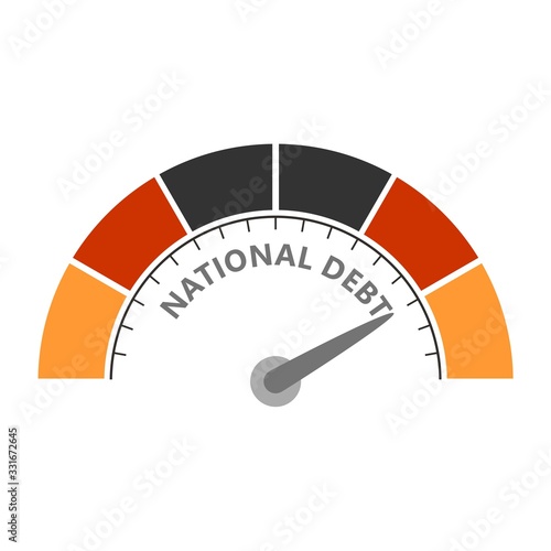 Abstract meter read high level of national debt result. Color scale with arrow. The measuring device icon. Colorful infographic gauge element. National flag of Germany