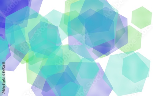 Multicolored translucent hexagons on white background. Blue tones. 3D illustration