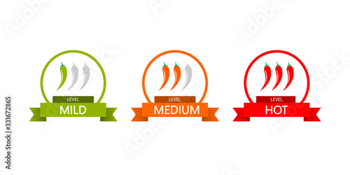 Set of hot red pepper strength scale. Indicator with mild, medium and hot icon positions on white background. Spicy vegetables.