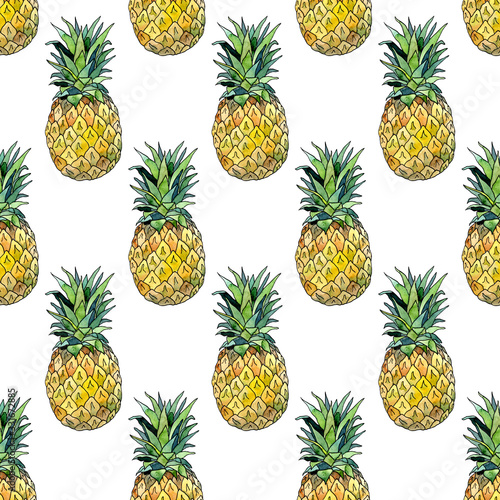 Watercolor pineapples on a white background seamless pattern. Summer print for textiles. Exotic fruit ornament.