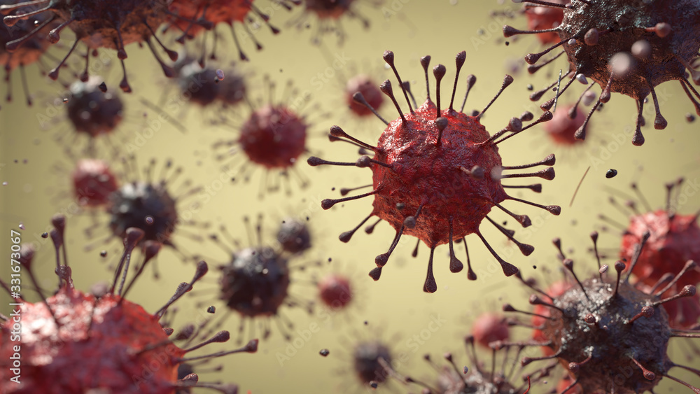 Naklejka premium Illustration of coronavirus, influenza virus, COVID-19 under the microscope. Pandemic or virus infection concept - 3D Illustration
