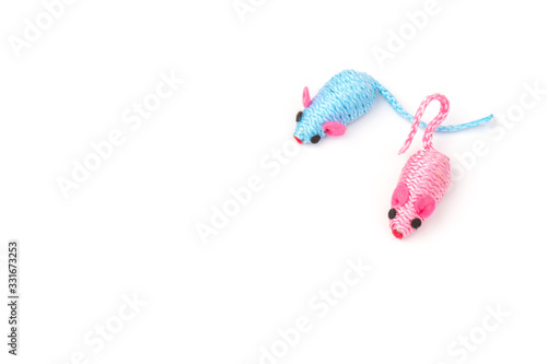 blue and pink toy mouse for pet isolated on white background