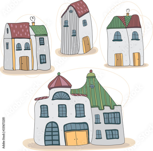 Hand drawn cute cartoon set of different houses on milky background, doodle graphic. Stock vector illustration