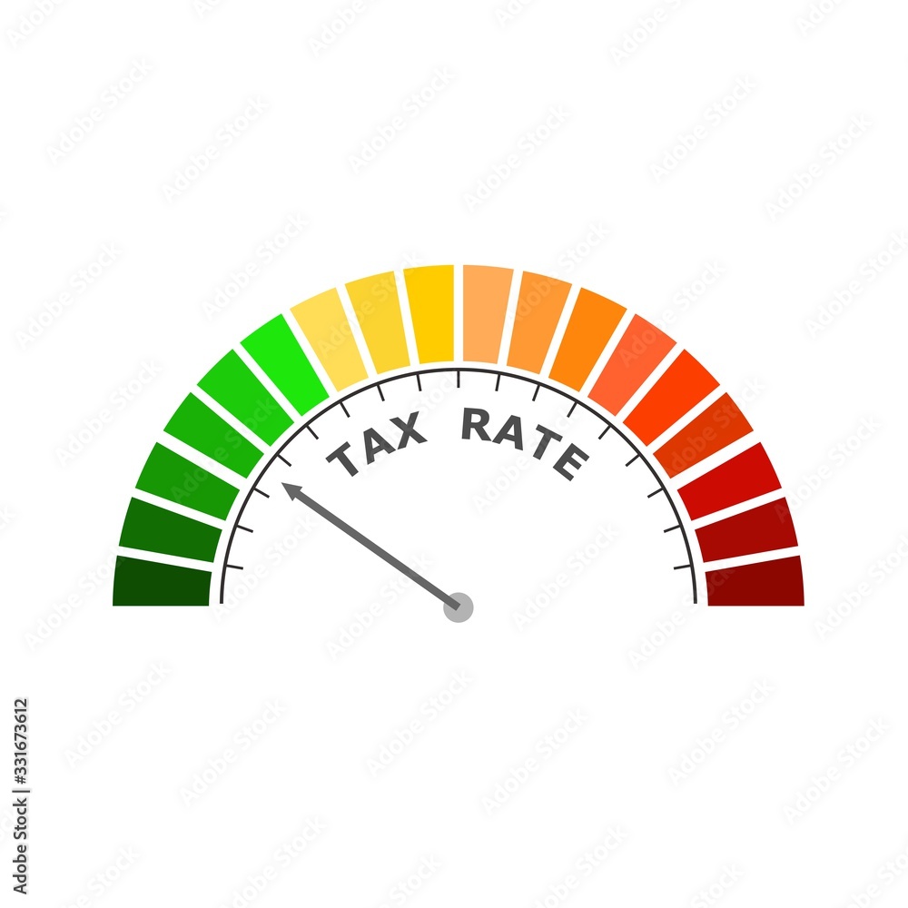 Abstract meter read level of tax rate result. Color scale with arrow. The measuring device icon. Colorful infographic gauge element. Abstract meter read level of tax rate result. Color scale with arrow. The measuring device icon. Colorful infographic gauge element.