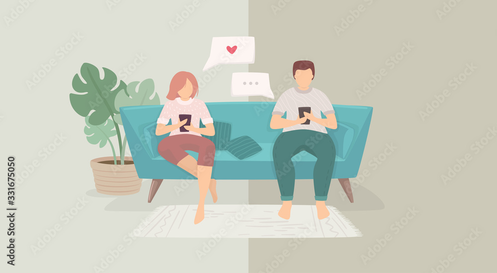 The young couple is on isolation. Holding smartphone, communicate and sending love message. Concept of long-distance relationships in quarantine. Abstract flat cartoon vector illustration. The young couple is on isolation. Holding smartphone, communicate and sending love message. Concept of long-distance relationships in quarantine. Abstract flat cartoon vector illustration.
